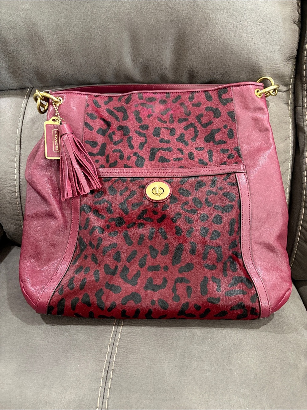 Coach Burgundy and Black Leopard-Print Leather Shoulder Bag with Tassel